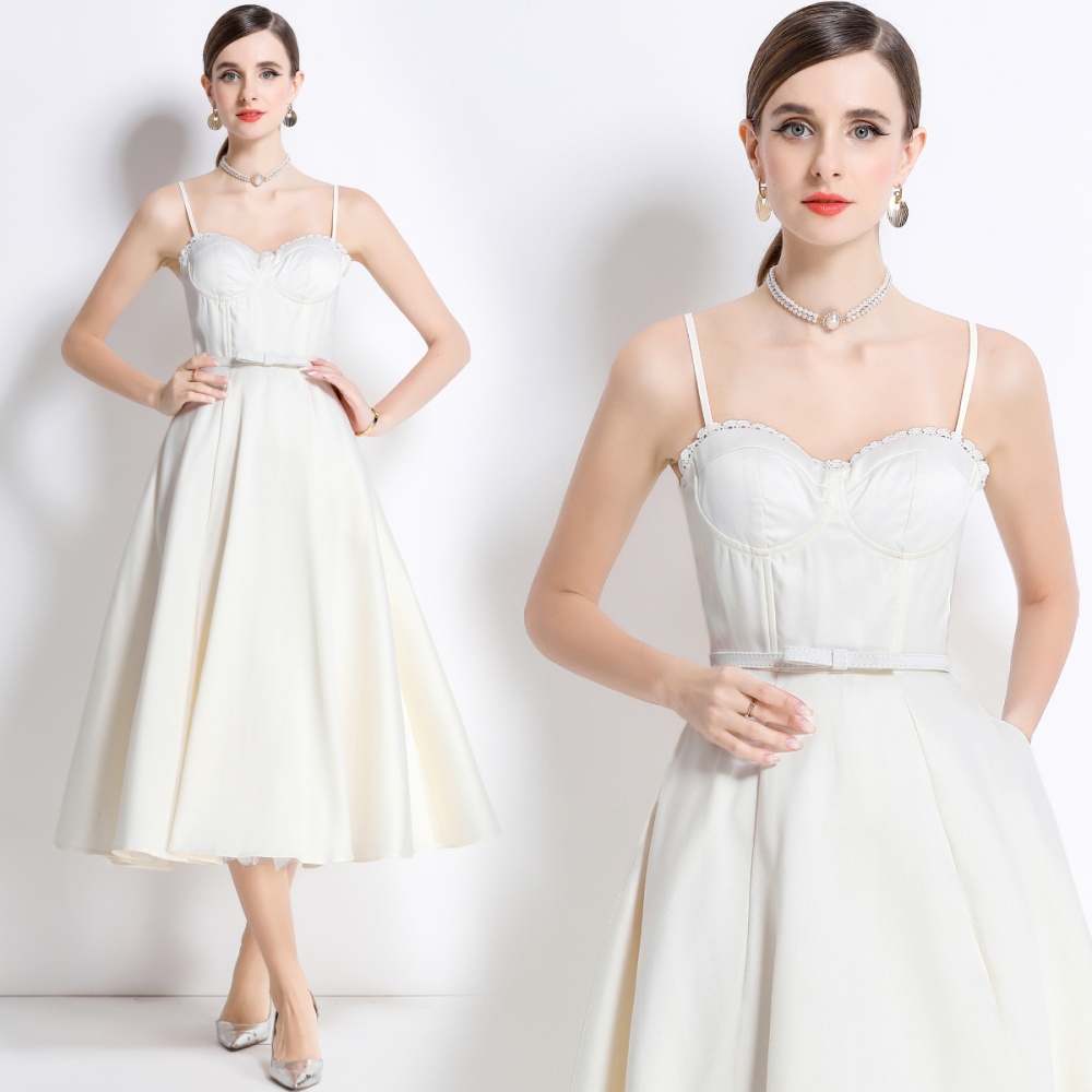 Long big skirt with belt strap dress summer gauze dress