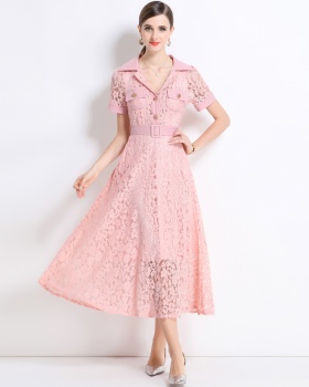 A-line temperament summer with belt lace high waist dress