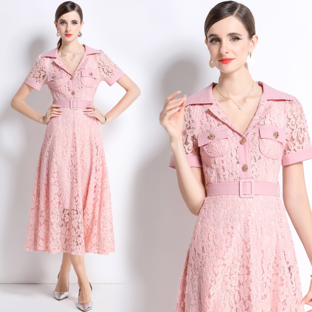 A-line temperament summer with belt lace high waist dress