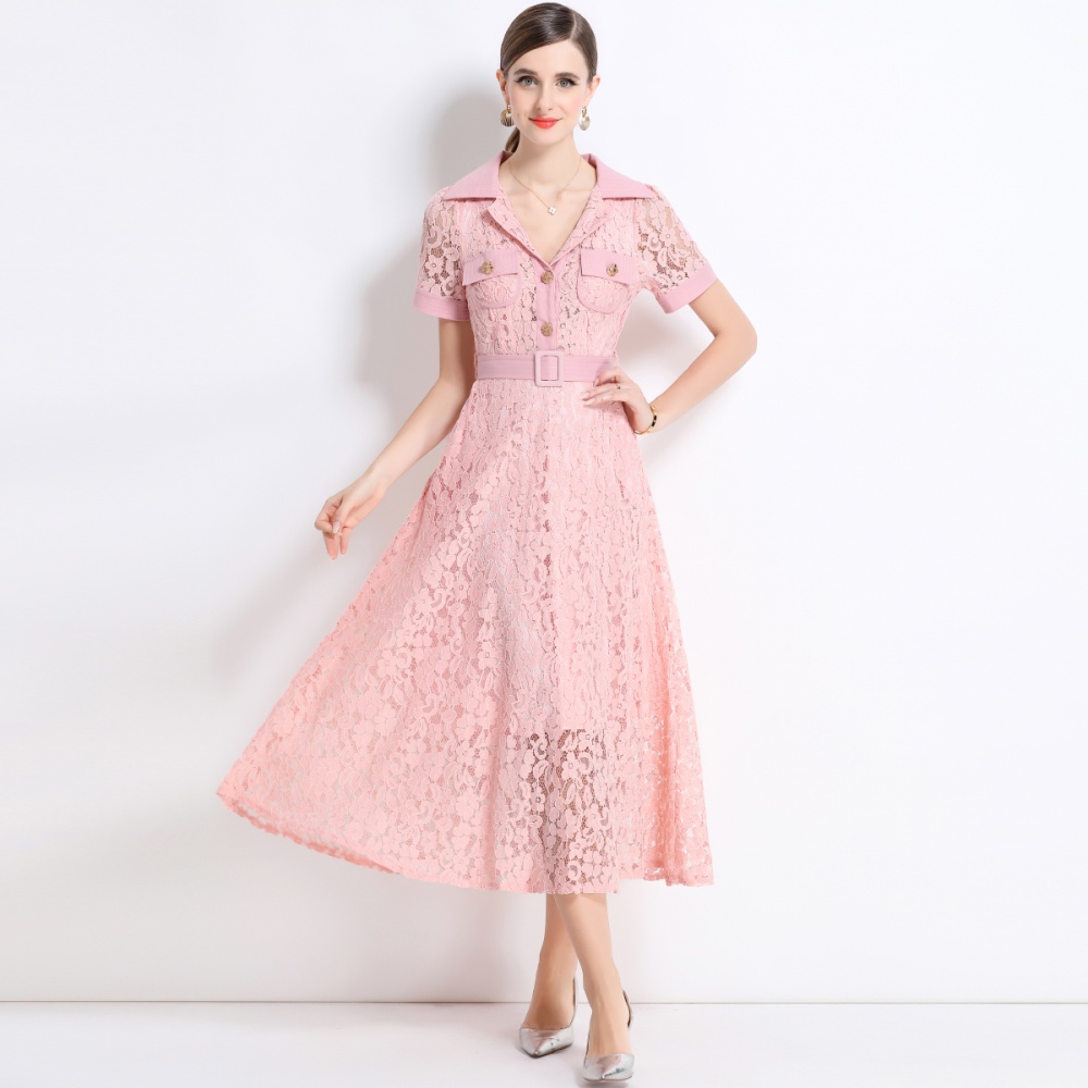 A-line temperament summer with belt lace high waist dress