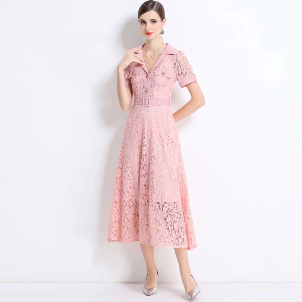 A-line temperament summer with belt lace high waist dress