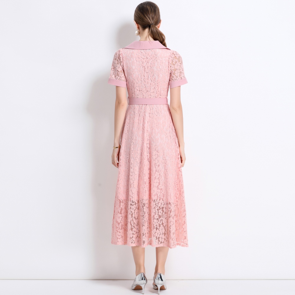 A-line temperament summer with belt lace high waist dress