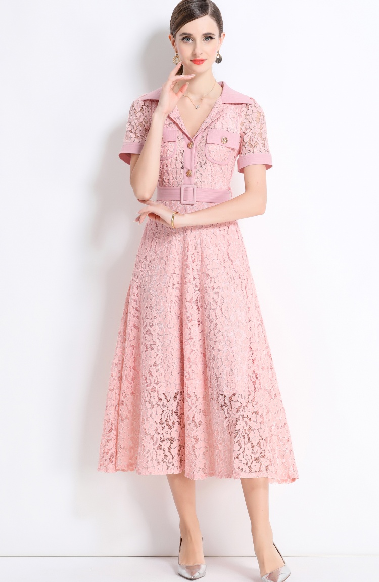 A-line temperament summer with belt lace high waist dress