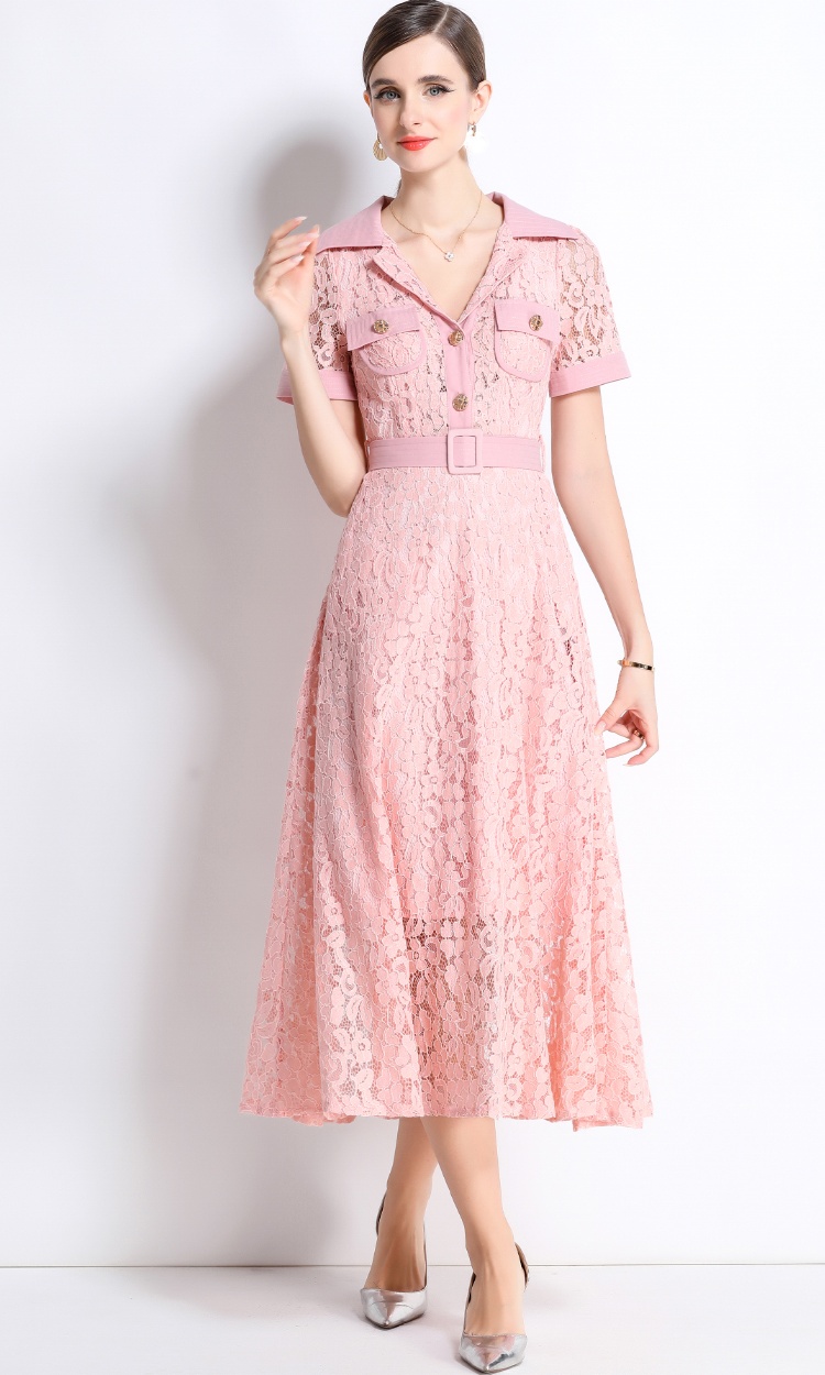 A-line temperament summer with belt lace high waist dress
