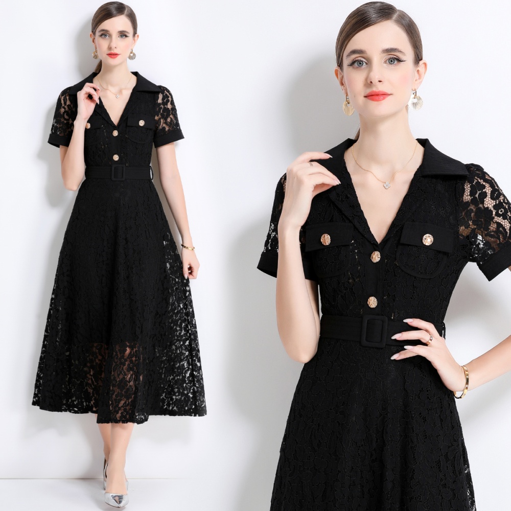 A-line lace elegant pocket high waist summer dress