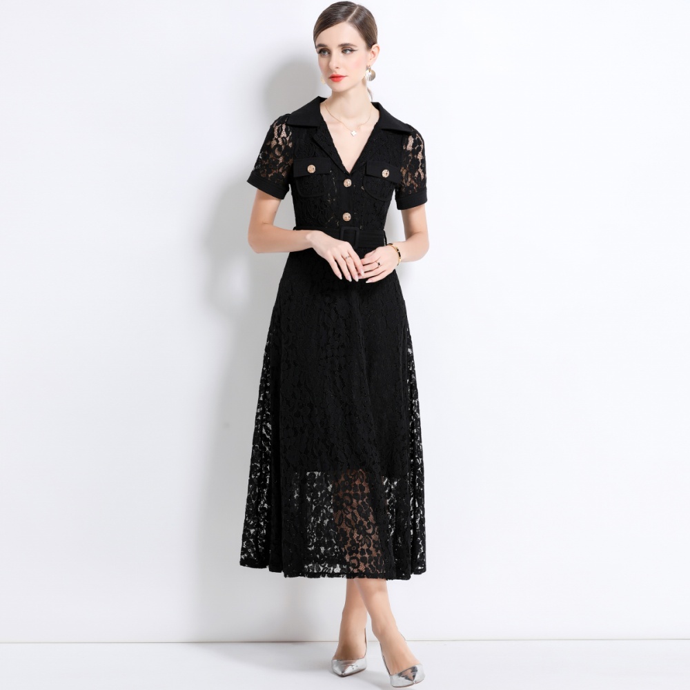 A-line lace elegant pocket high waist summer dress