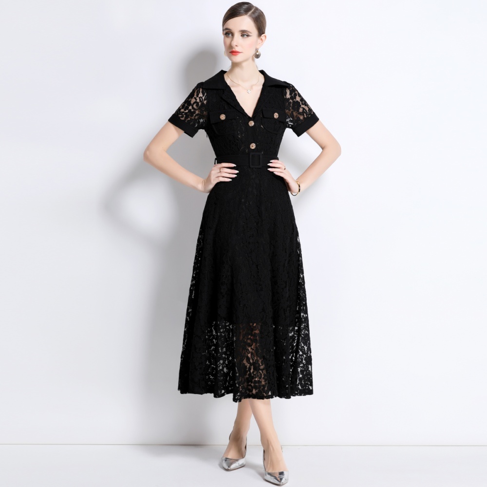 A-line lace elegant pocket high waist summer dress