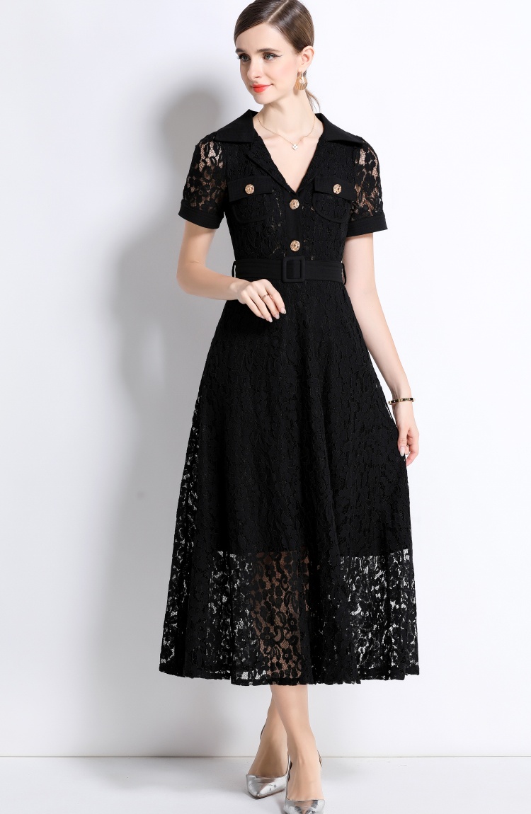 A-line lace elegant pocket high waist summer dress
