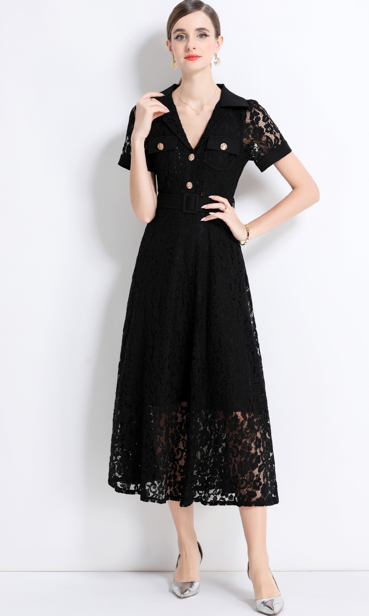 A-line lace elegant pocket high waist summer dress