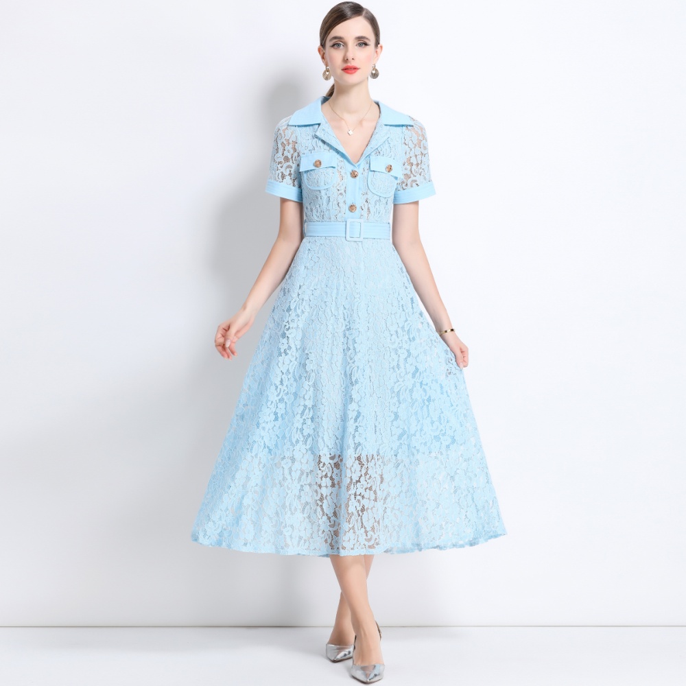 With belt pocket summer high waist A-line dress