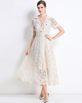 Temperament high waist lace elegant with belt summer dress