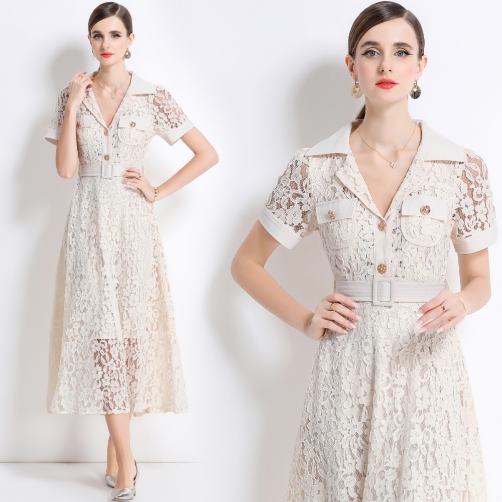 Temperament high waist lace elegant with belt summer dress