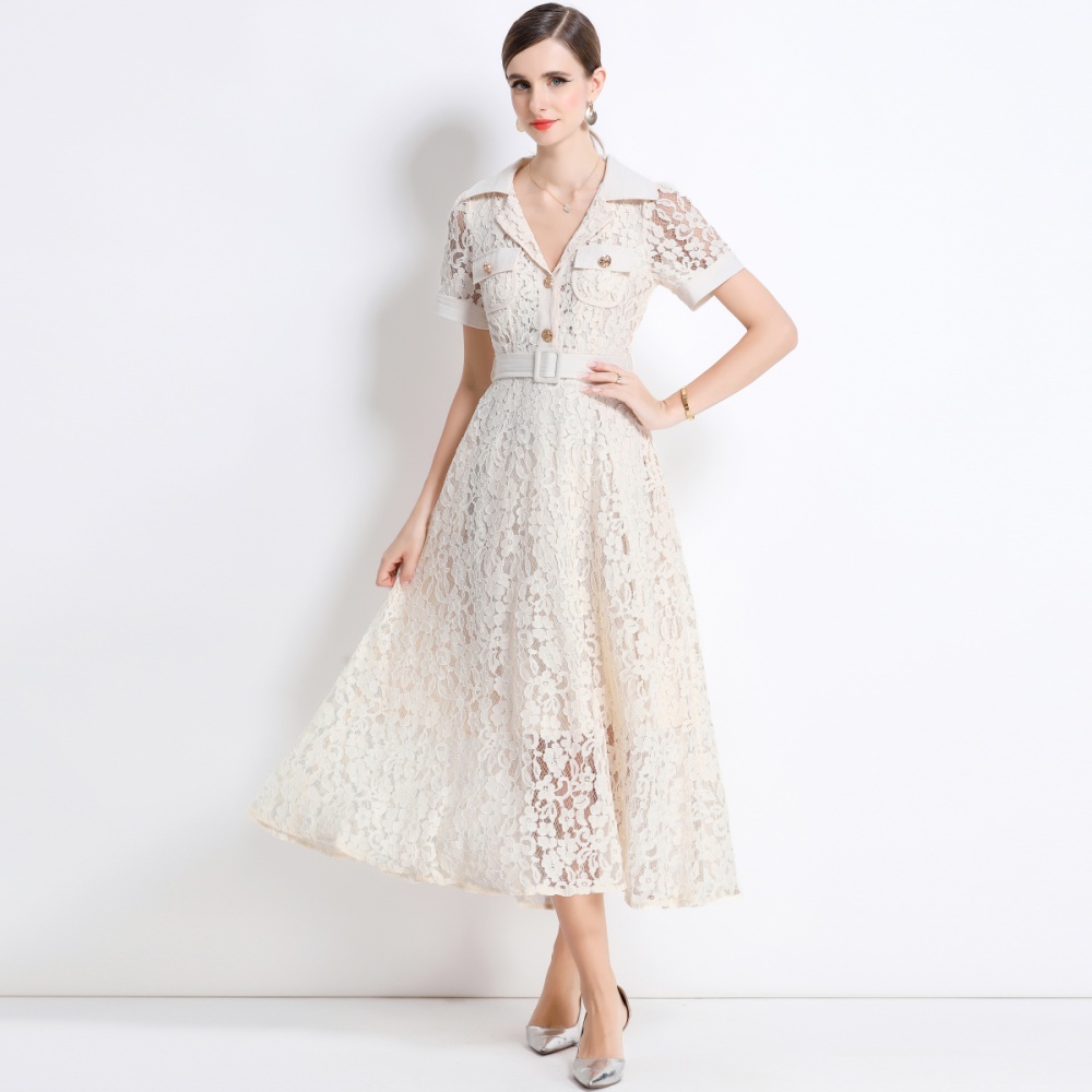 Temperament high waist lace elegant with belt summer dress