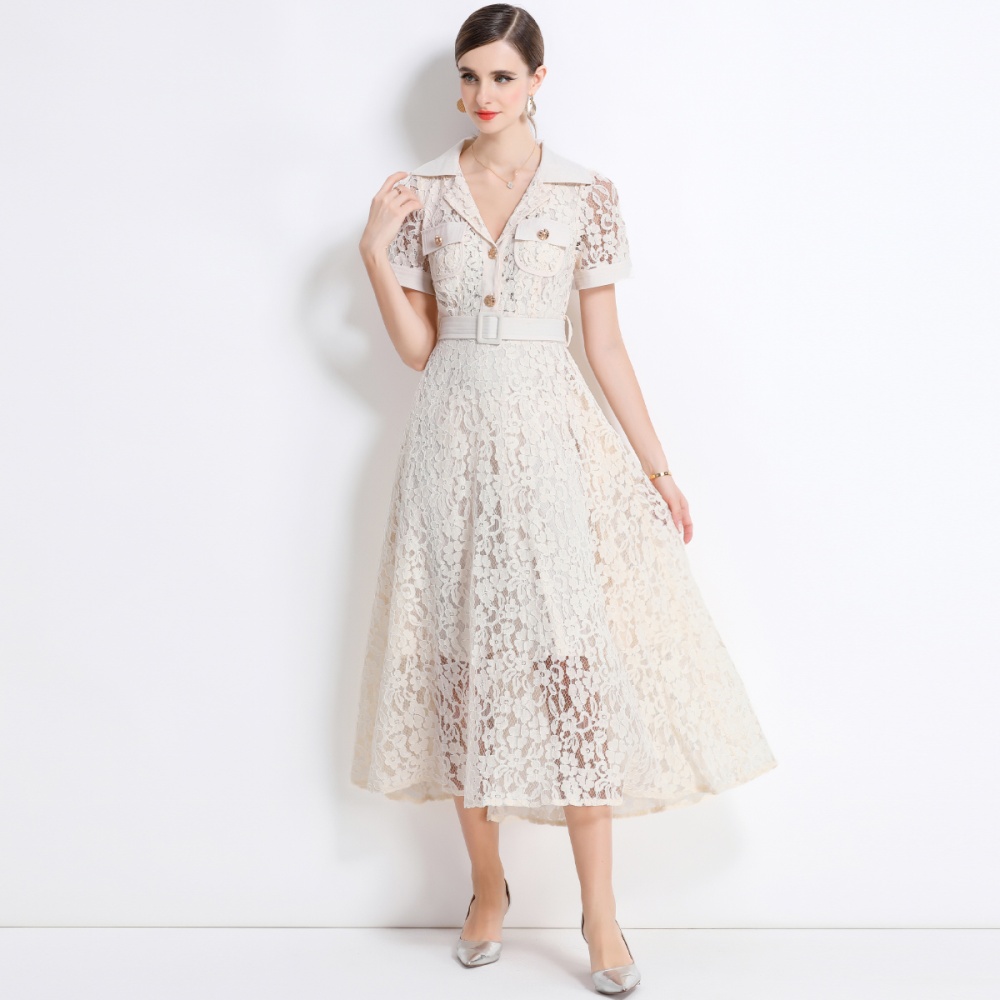 Temperament high waist lace elegant with belt summer dress