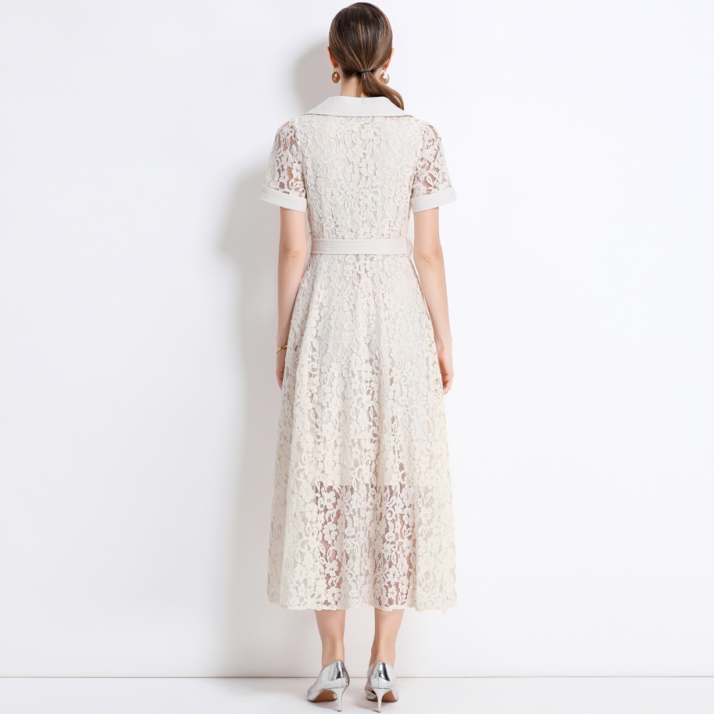 Temperament high waist lace elegant with belt summer dress