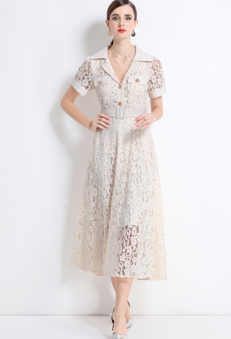 Temperament high waist lace elegant with belt summer dress