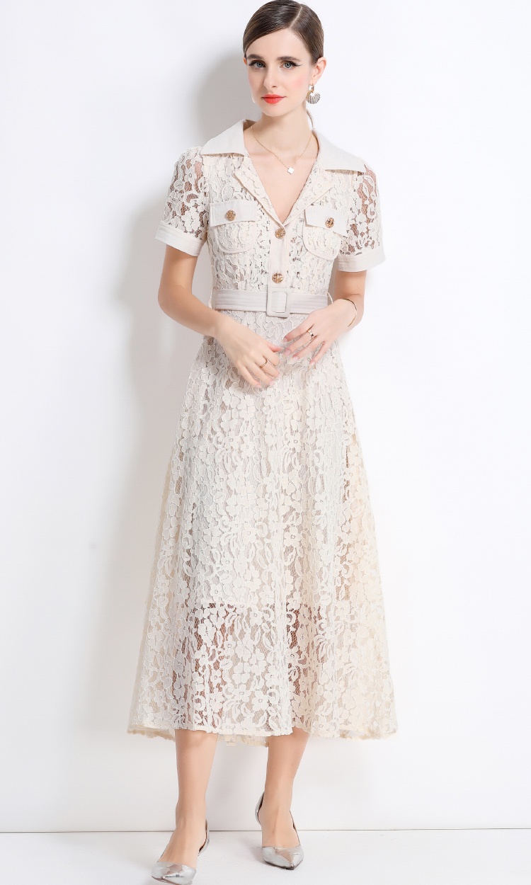 Temperament high waist lace elegant with belt summer dress