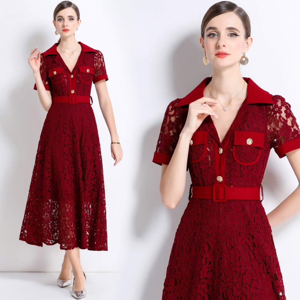 Temperament high waist with belt pocket A-line summer dress
