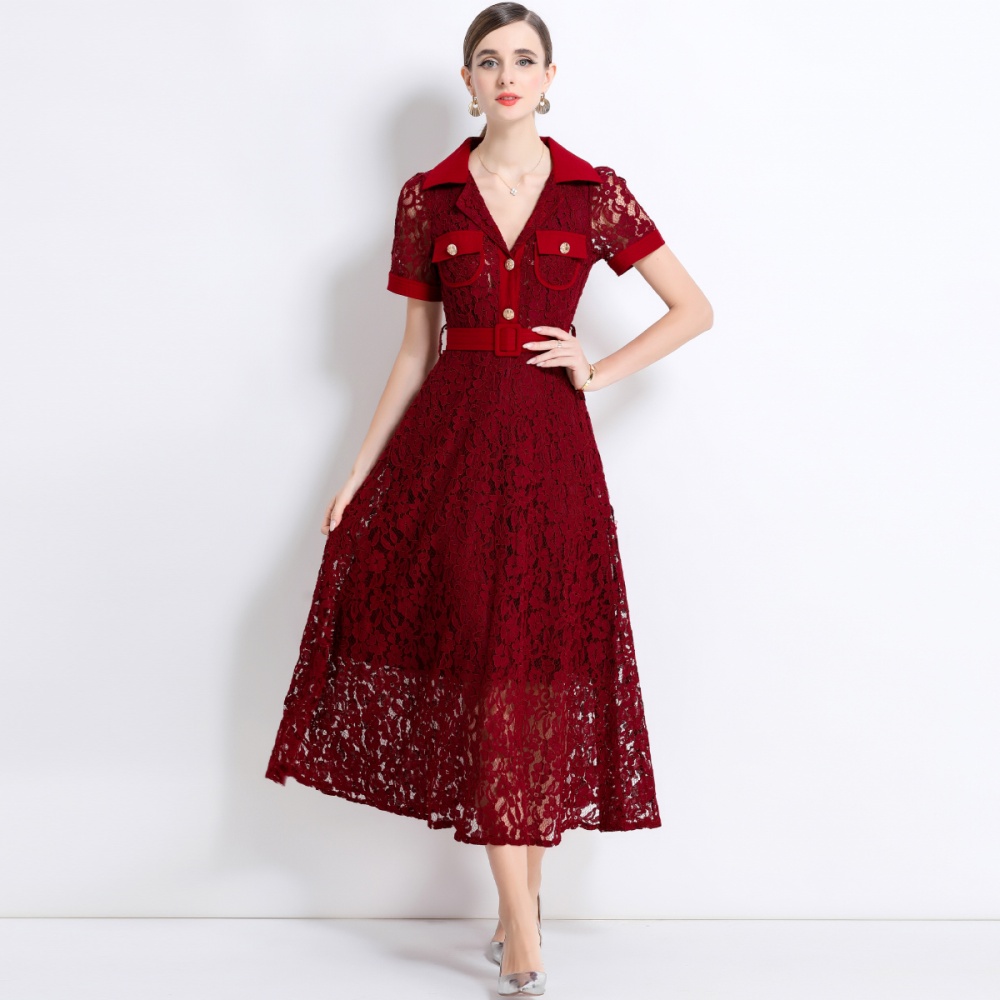 Temperament high waist with belt pocket A-line summer dress
