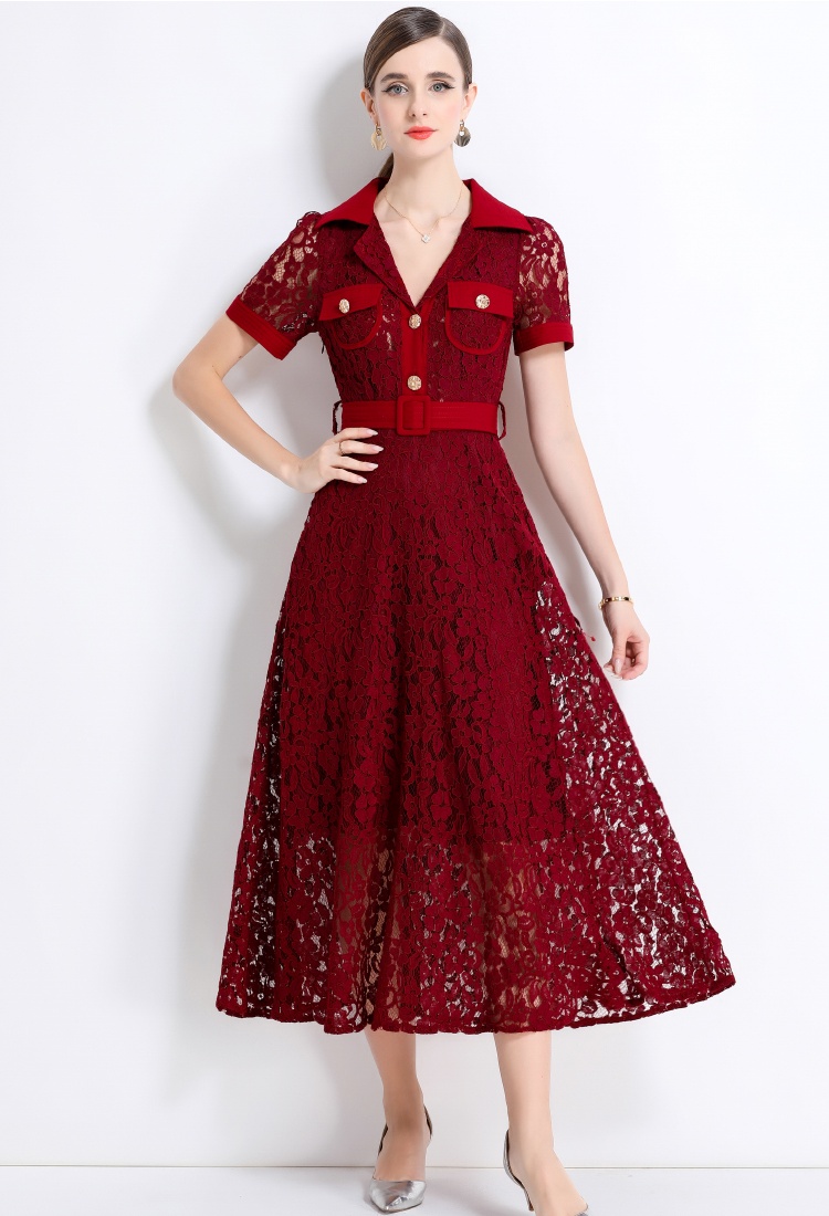 Temperament high waist with belt pocket A-line summer dress