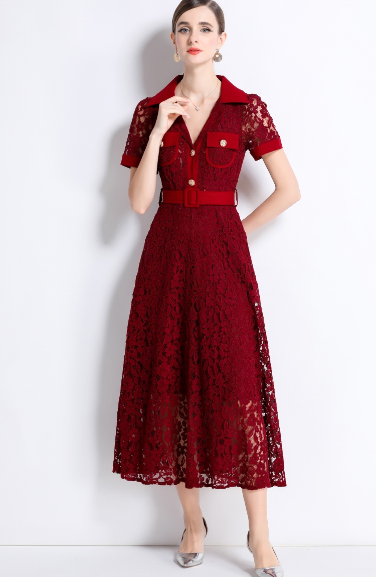 Temperament high waist with belt pocket A-line summer dress