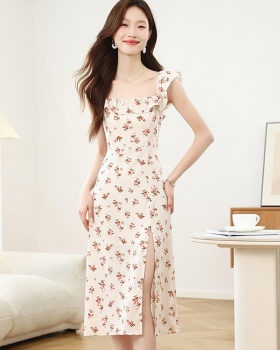 Vacation beige long France style floral dress for women