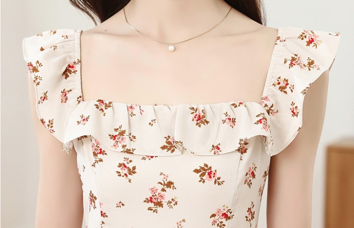 Vacation beige long France style floral dress for women