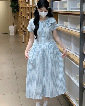 Pocket blue-white bow dress college style jacquard long dress