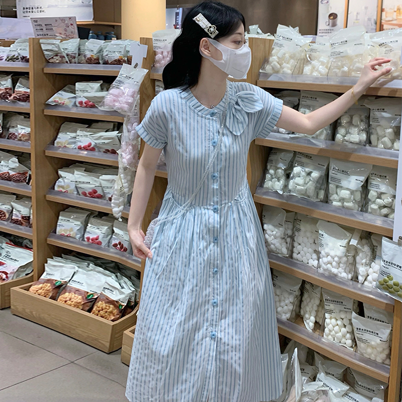 Pocket blue-white bow dress college style jacquard long dress