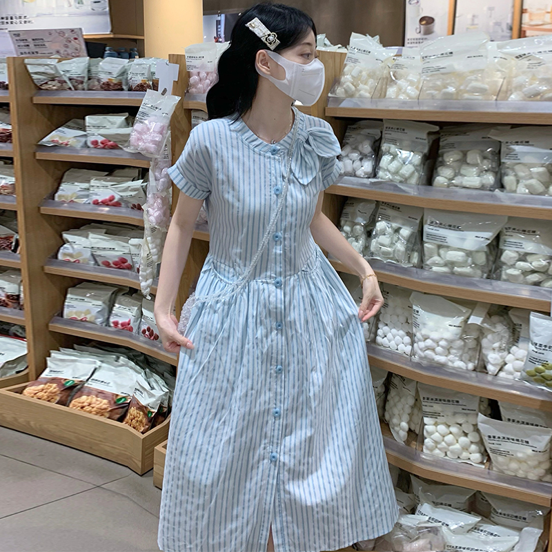 Pocket blue-white bow dress college style jacquard long dress