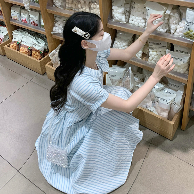 Pocket blue-white bow dress college style jacquard long dress