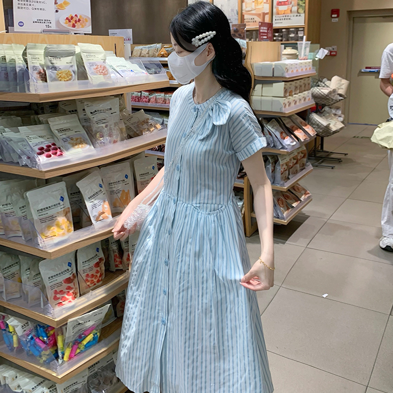 Pocket blue-white bow dress college style jacquard long dress