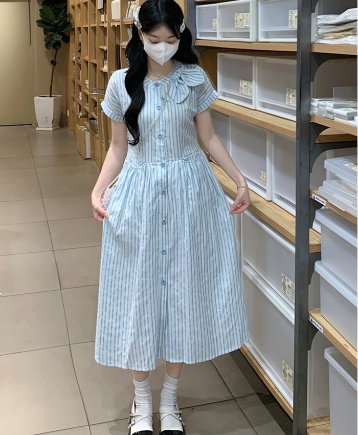 Pocket blue-white bow dress college style jacquard long dress
