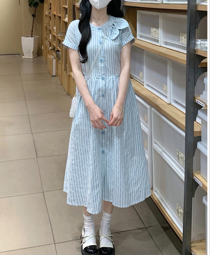 Pocket blue-white bow dress college style jacquard long dress