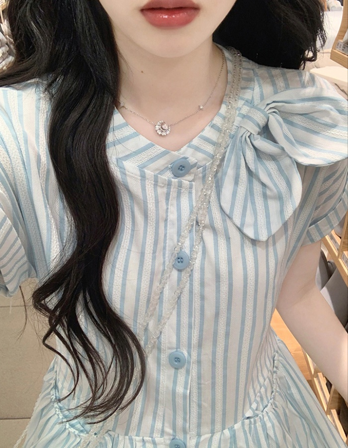 Pocket blue-white bow dress college style jacquard long dress