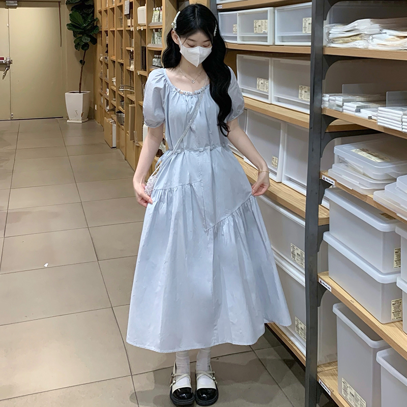 Loose pinched waist square collar beads frenum dress