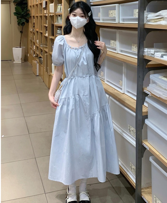 Loose pinched waist square collar beads frenum dress