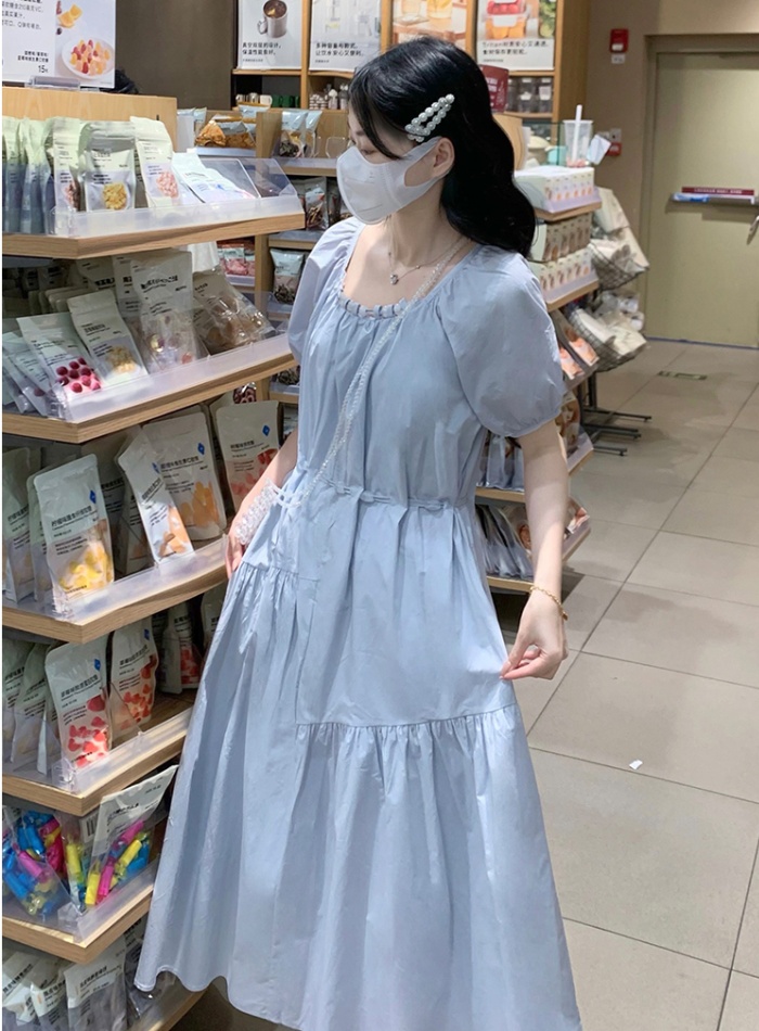 Loose pinched waist square collar beads frenum dress