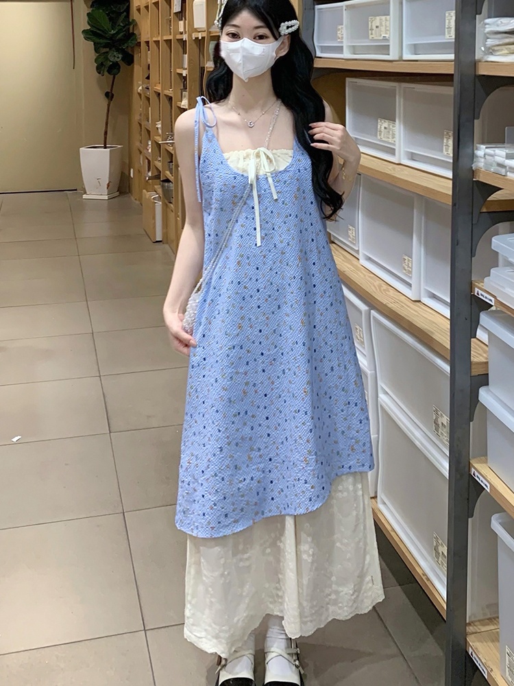 France style polka dot fresh long dress summer sling dress