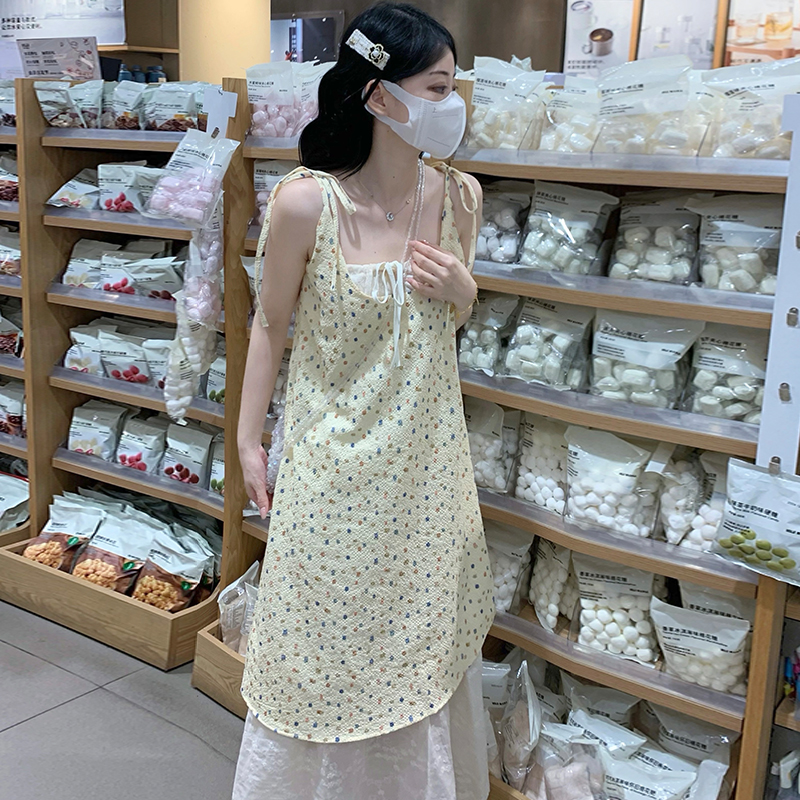 France style polka dot fresh long dress summer sling dress