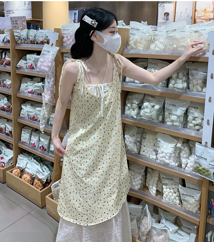 France style polka dot fresh long dress summer sling dress