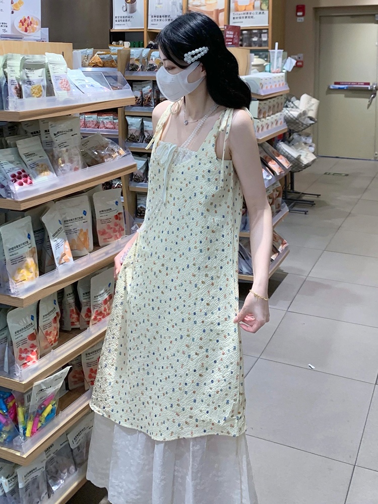 France style polka dot fresh long dress summer sling dress