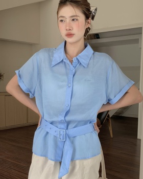 Embroidery niche belt short sleeve Korean style shirt