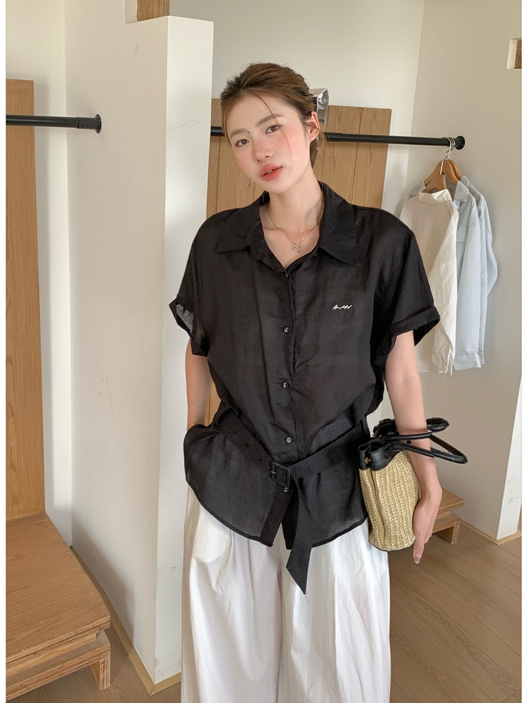 Embroidery niche belt short sleeve Korean style shirt