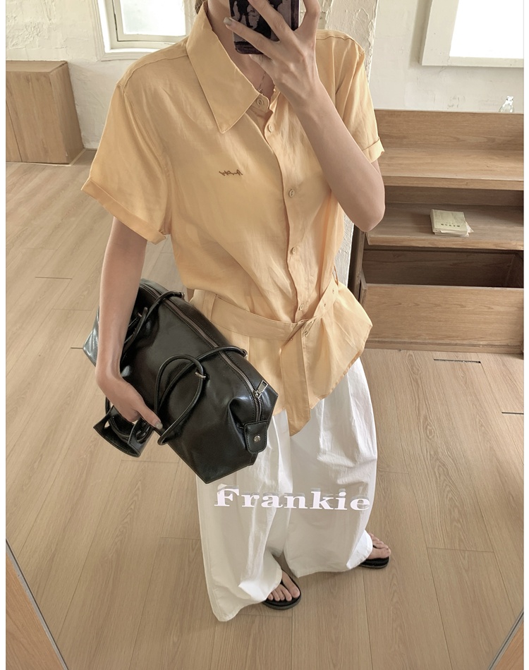 Embroidery niche belt short sleeve Korean style shirt