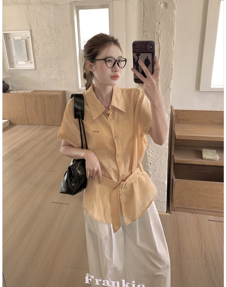 Embroidery niche belt short sleeve Korean style shirt