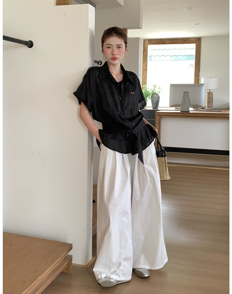 Embroidery niche belt short sleeve Korean style shirt