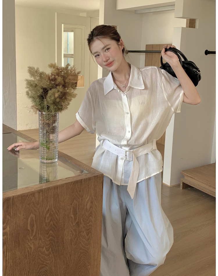 Embroidery niche belt short sleeve Korean style shirt