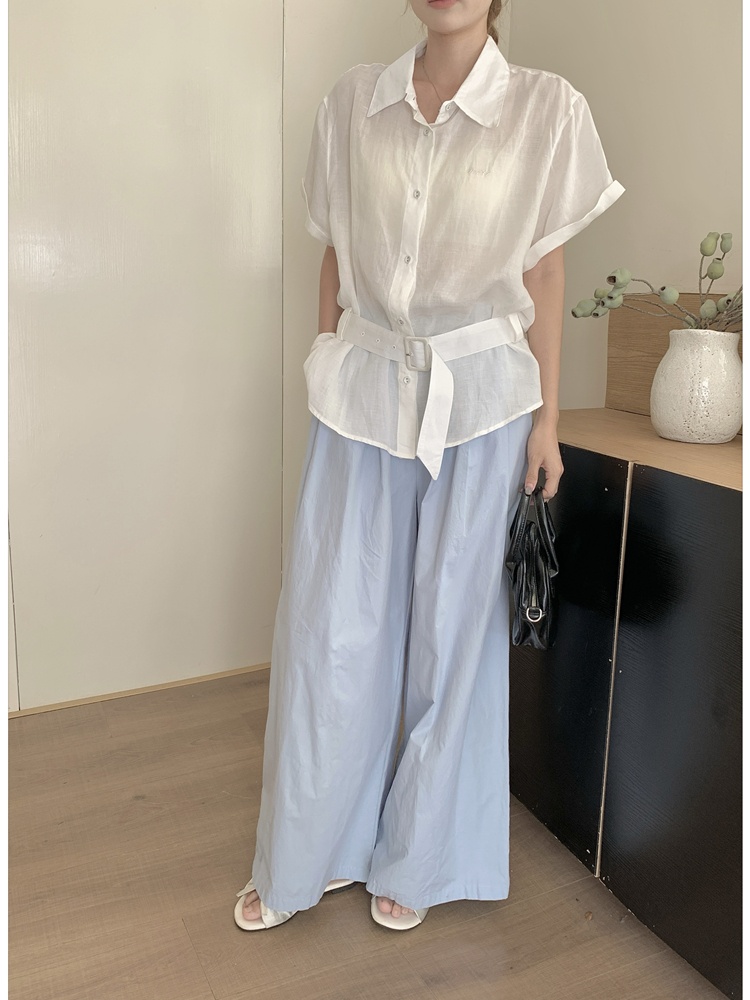 Embroidery niche belt short sleeve Korean style shirt