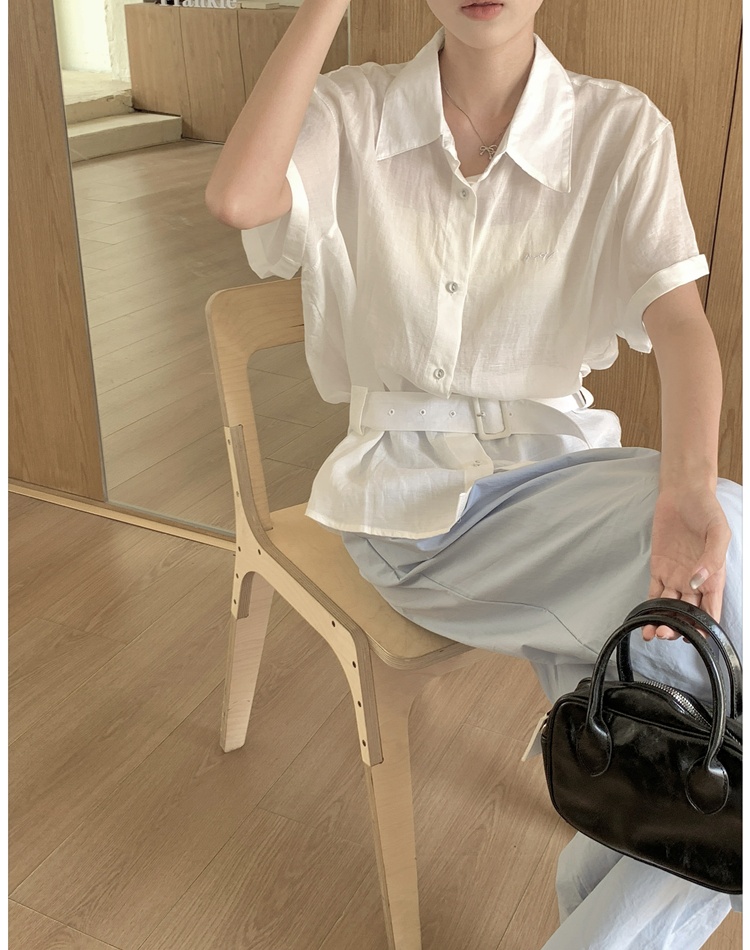 Embroidery niche belt short sleeve Korean style shirt